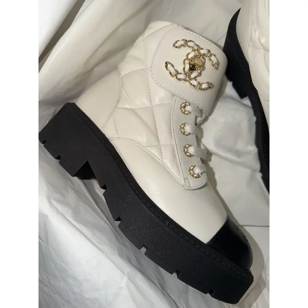 Chanel 24B White Quilt Gold CC Chain Combat Black Platform Ankle Short Boots 37c - Picture 6 of 16